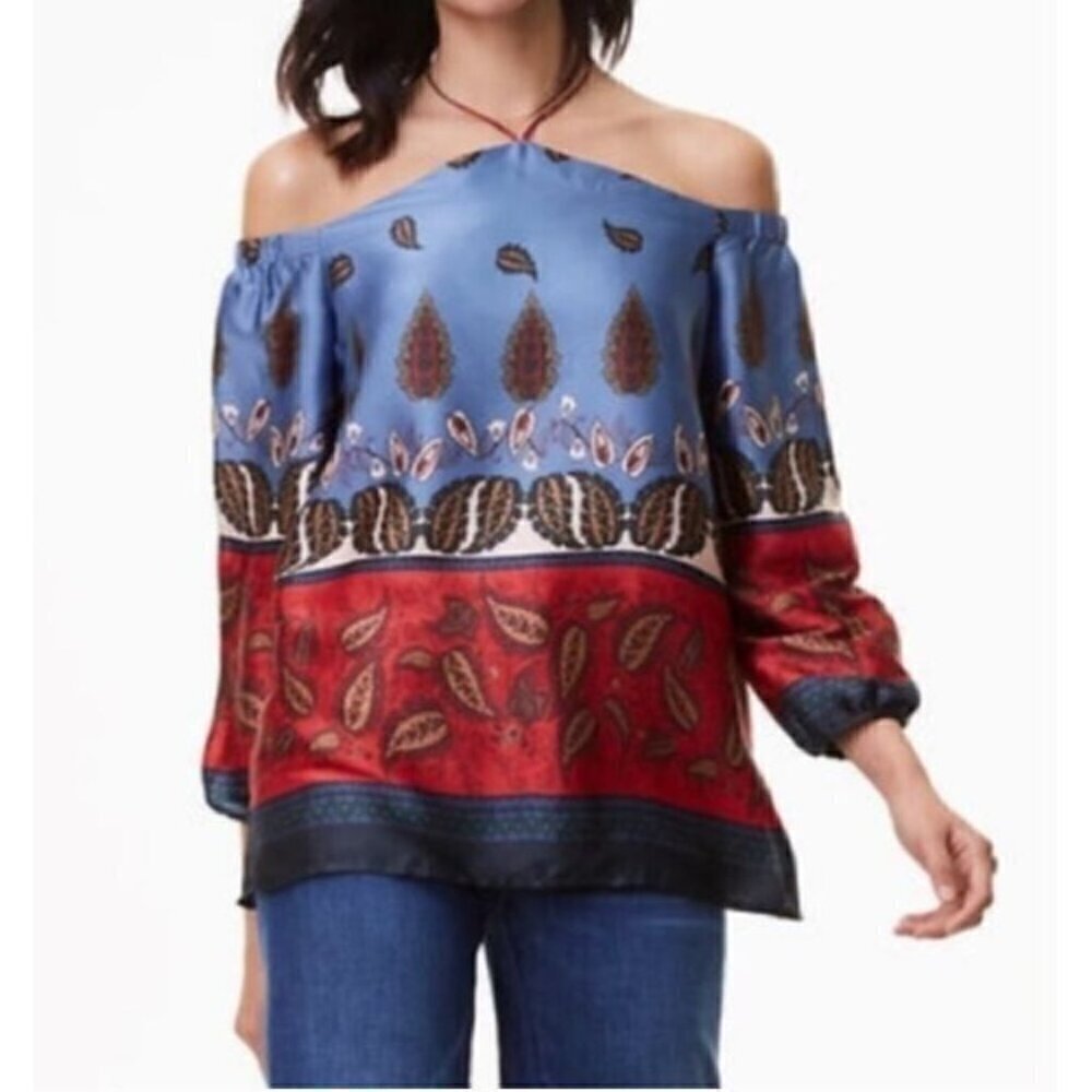 LOFT Top Womens Medium Boho Paisley Satin Off The Shoulder Tie Neck Y2K